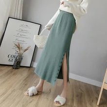 Новые осенние вязаные юбки средней длины с высокой талией, зеленые эластичные вязаные юбки средней длины с полосками и пуговицами, женские сексуальные юбки