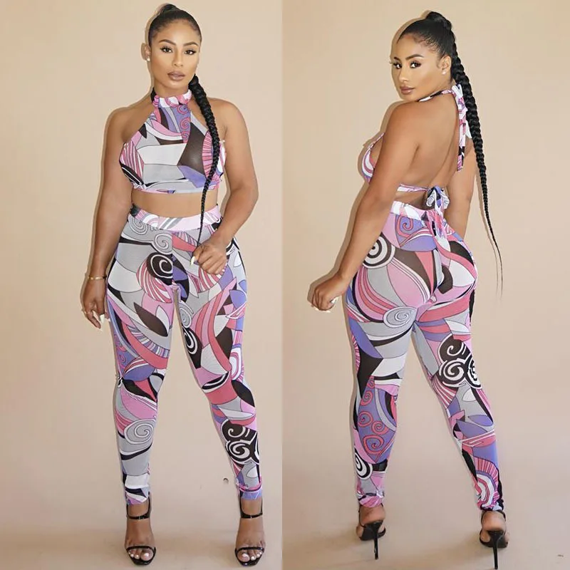 2 Piece Set Women New Fashion Summer Sleeveless Bandage Tank Top+ Stretch Pencil Pants Sexy Cropped Long Pants Ladies Suit 2021