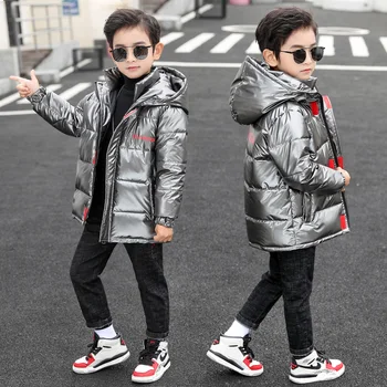 

2020 Winter Jacket For Boys Hooded Plus Velvet Warm Shiny Cotton Boys Outerwear Coat 3-14 Years Kids Teenage Boys Parka