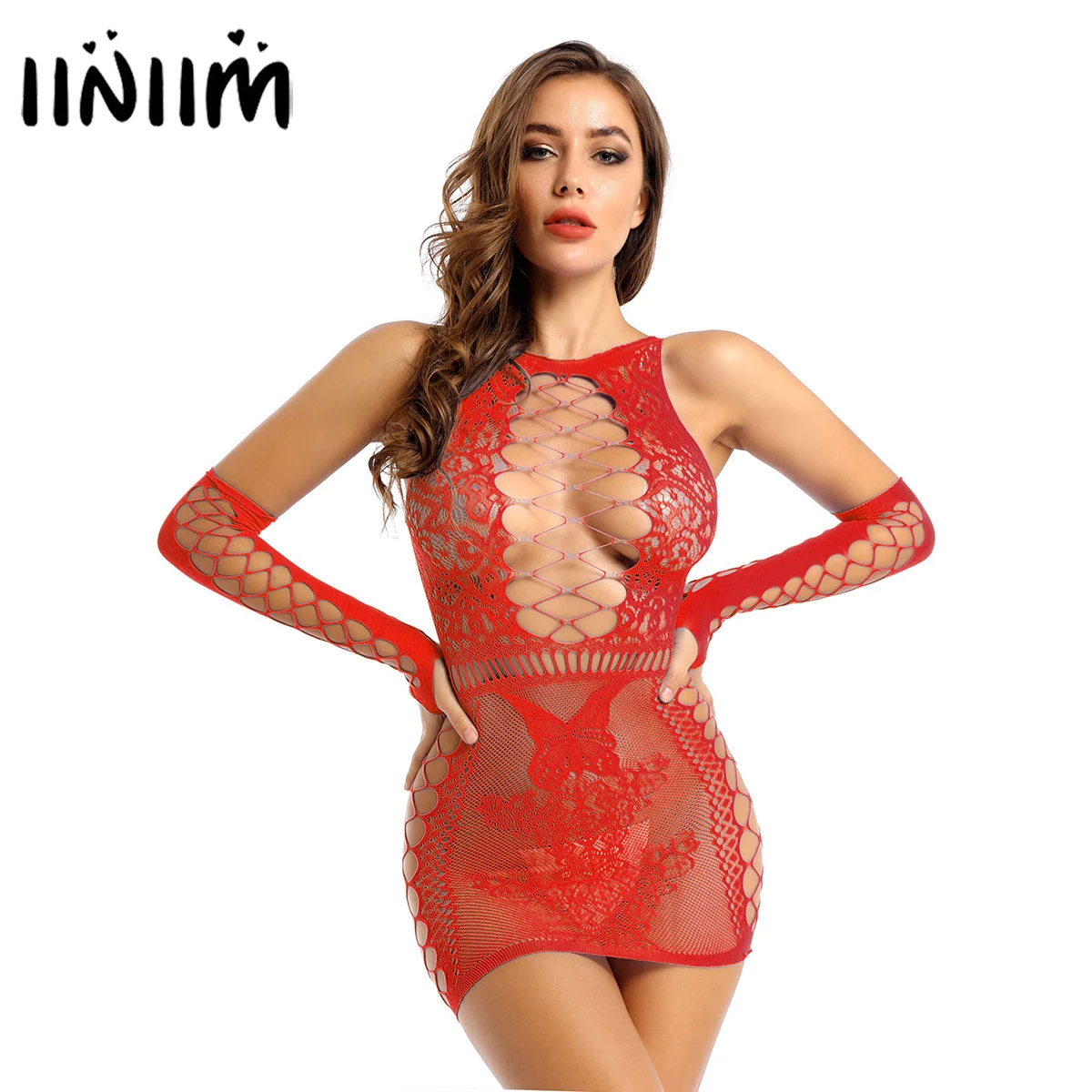 

Womens Hollow Out Butterfly Bodycon Dress Sexy Clubwear Cocktail Party See-Through Fishnet Sleeveless Mini Dress with Oversleeve