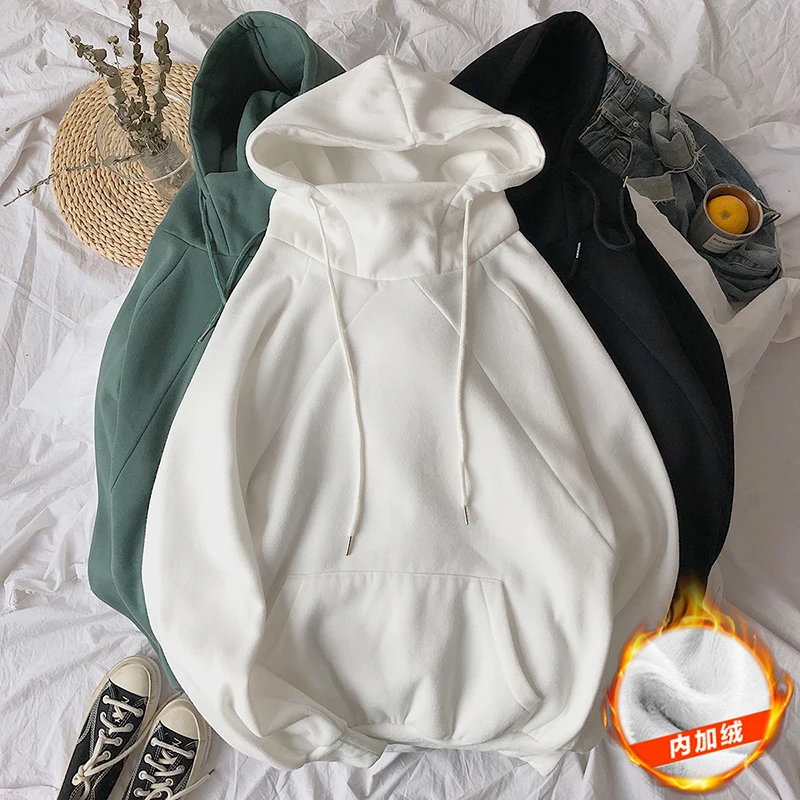 

Winter Plus Velvet Hoodies Men Warm Fashion Solid Color Casual Hooded Sweatshirtmen Streetwear Wild Loose Hip Hop Hoodie Male