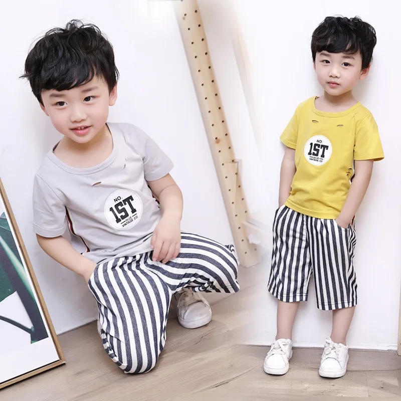 

2019 New Style Fashion Goods Fashion Set Children Western Style Clothes Striped Pants Ribbon Set Cotton Casual Style
