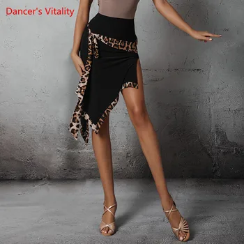 

Latin Dance Female Adult Sexy Black Skirt Exercise Clothes New Professional Competition Practice Clothing Leopard Belt