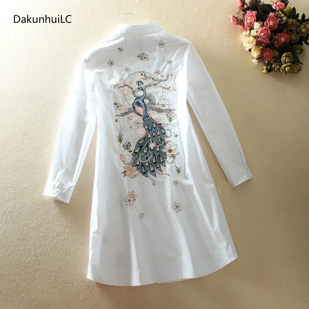 Autumn New Cotton Women Letter Embroidery White Shirts Office Lady Long Loose Casual Blouse Outwear Tops