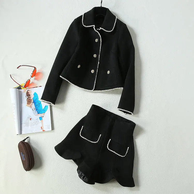 European and American women's clothing winter new style Long sleeve beaded single breasted coat shorts Fashionable two-piece woolen suit