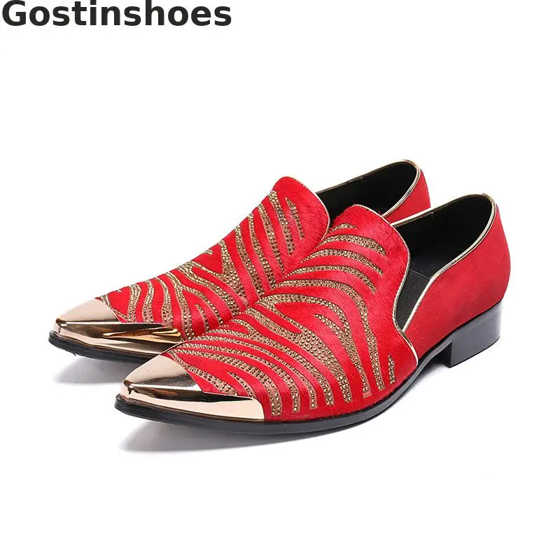 

New Type Red Leather Men Shoes Cowhide Stripes Decoration Pointed Metal Cap Toe Set Foot Men Lazy Casual Shoes Men