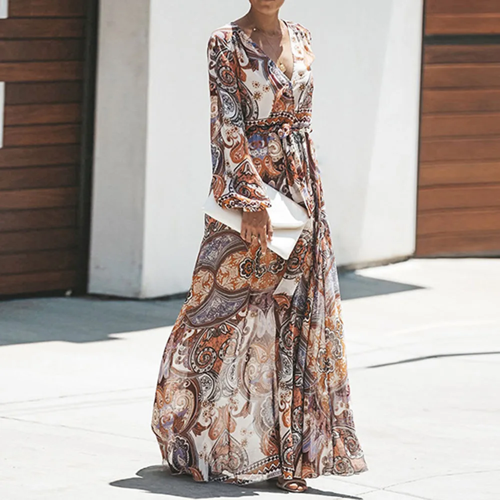 

Bohoartist Fall Women's Chiffon Floor-Length Boho Long Dresses Lantern Sleeve High Waist V-Neck Maxi Dresses Beach Sundress