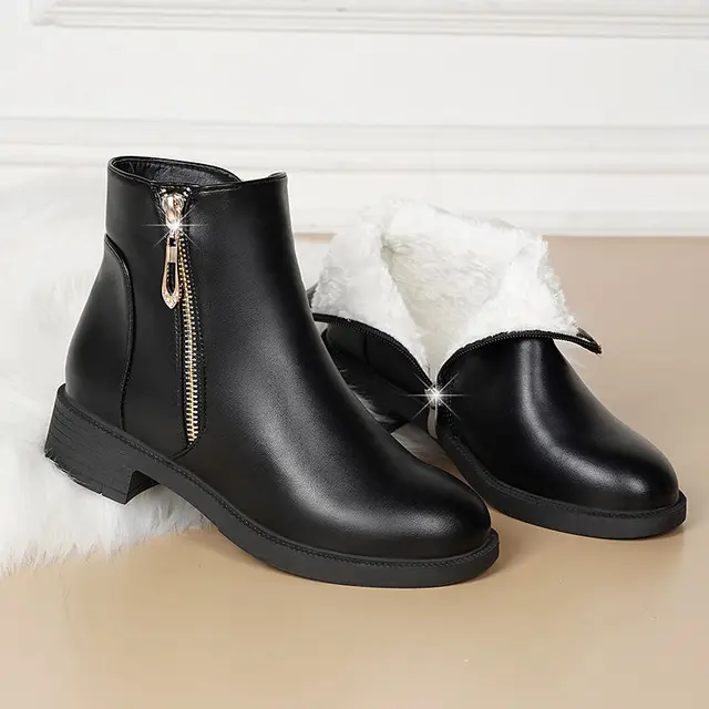 Zwarte Enkellaars Vrouwen Herfst Winter Bont Schoenen Rits Korte Laarzen  Waterdichte Schoenen Dames Blok Hak Laarzen Vrouwen Lederen Laarzen -  AliExpress Schoenen