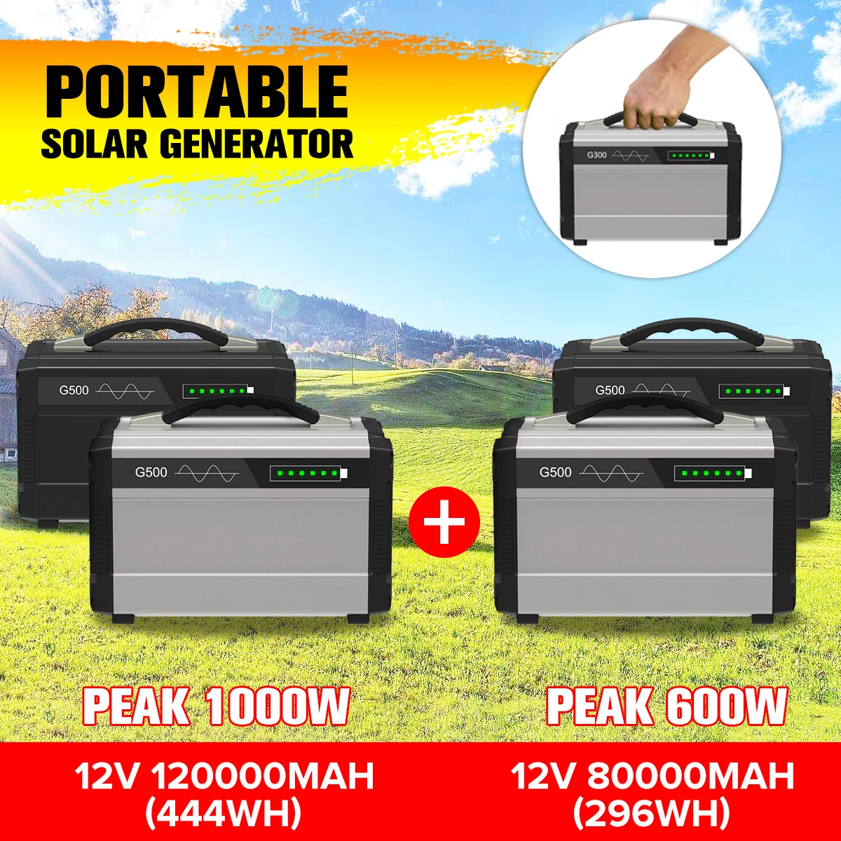 

600W/1000W 80000/120000mAh LCD Solar Power Storage Generator Inverter Outdoor UPS Pure Sine Wave Power Supply USB Energy Storage