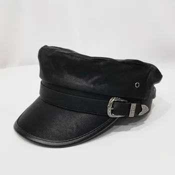 

Vintage Leather Pin Buckle Military Hats Autumn Winter Hot Sale British Octagonal Hats Men Women Black Statement Painter Hats