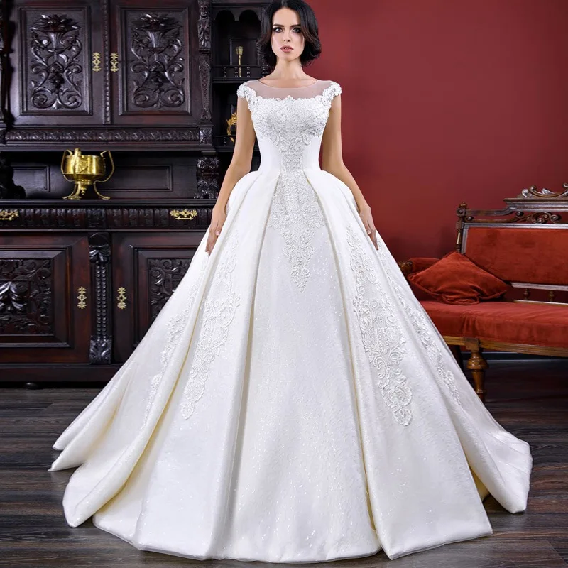 Белый Новая роскошная свадебная одежда с рукавами-крылышками блестящее кружевное атласное свадебное платье юбка в складку атласное платье бусы со стразами свадебное платье - Цвет: Белый