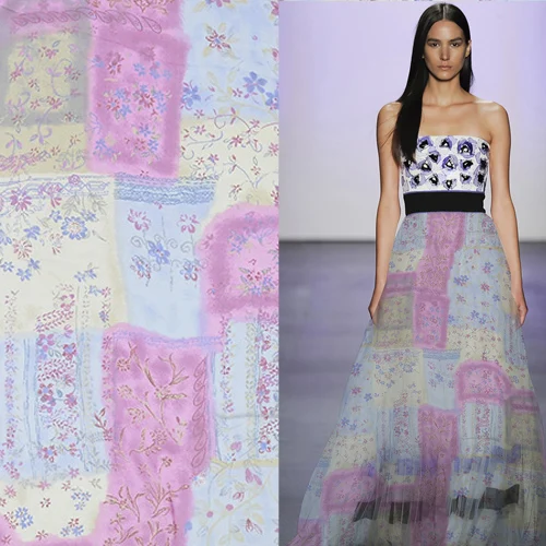 Фиолетовый Синий Желтый лоскутный дизайн чистый шелк Жоржетта Марля шелковая