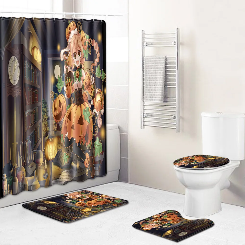

WUJIE Bathroom Waterproof Shower Curtain Sets Pumpkin Pattern Non-Slip Mat Toliet Cover Mat Set with 180*180cm Shower Curtain