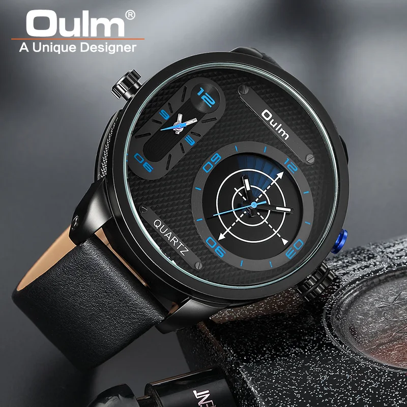 Новые классные мужские s часы Топ люксовый бренд мужские спортивные часы OULM большой циферблат кварцевые часы с двумя часовыми поясами водонепроницаемые военные часы
