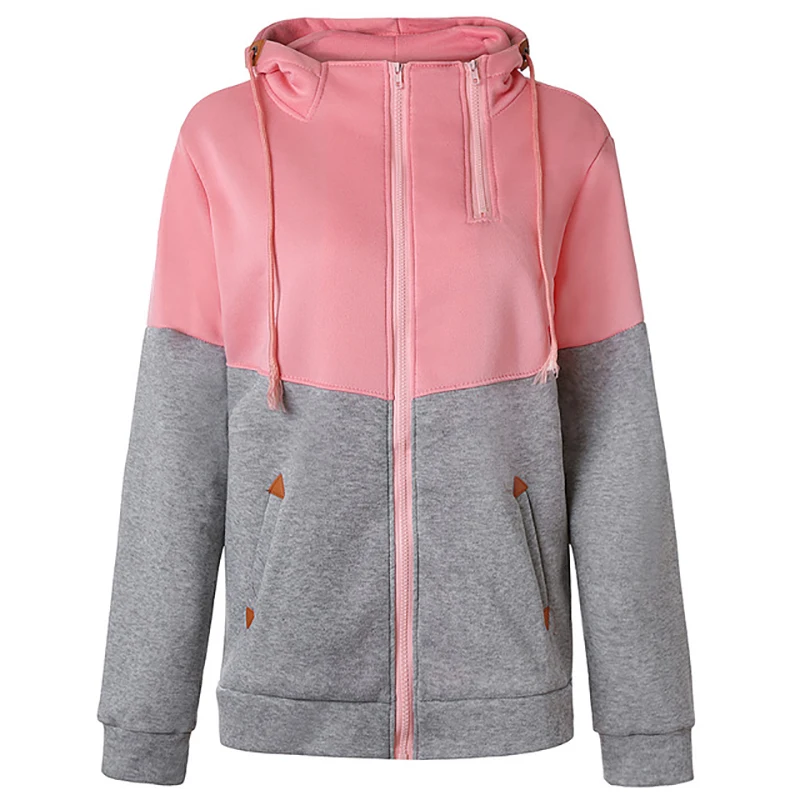 pink gray Оверсайз двойная толстовка с капюшоном для женщин с длинным рукавом осень весна пальто лоскутное карман на молнии Толстовка Плюс Размер - Цвет: pink gray