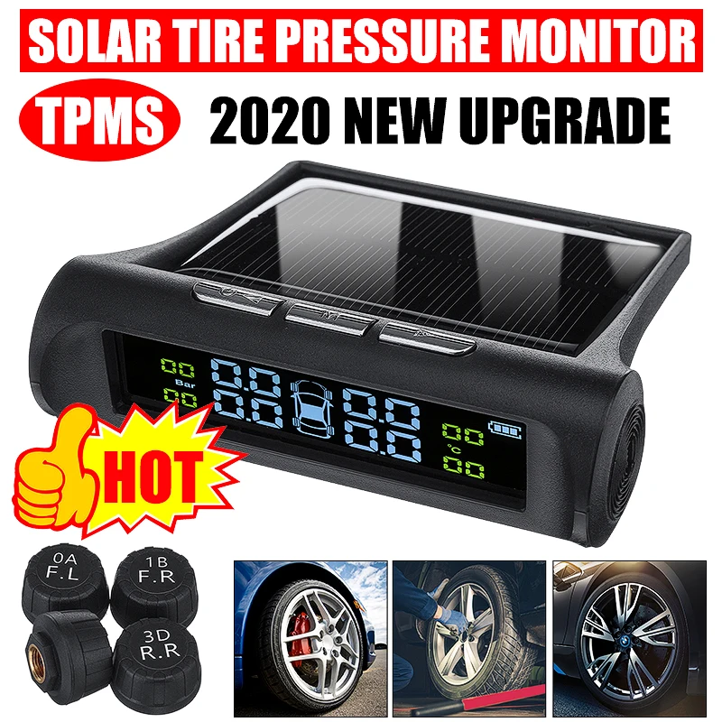 Универсальный солнечный TPMS беспроводная система контроля давления в шинах цветной ЖК-дисплей с 4 внешними датчиками сигнализация давления в шинах