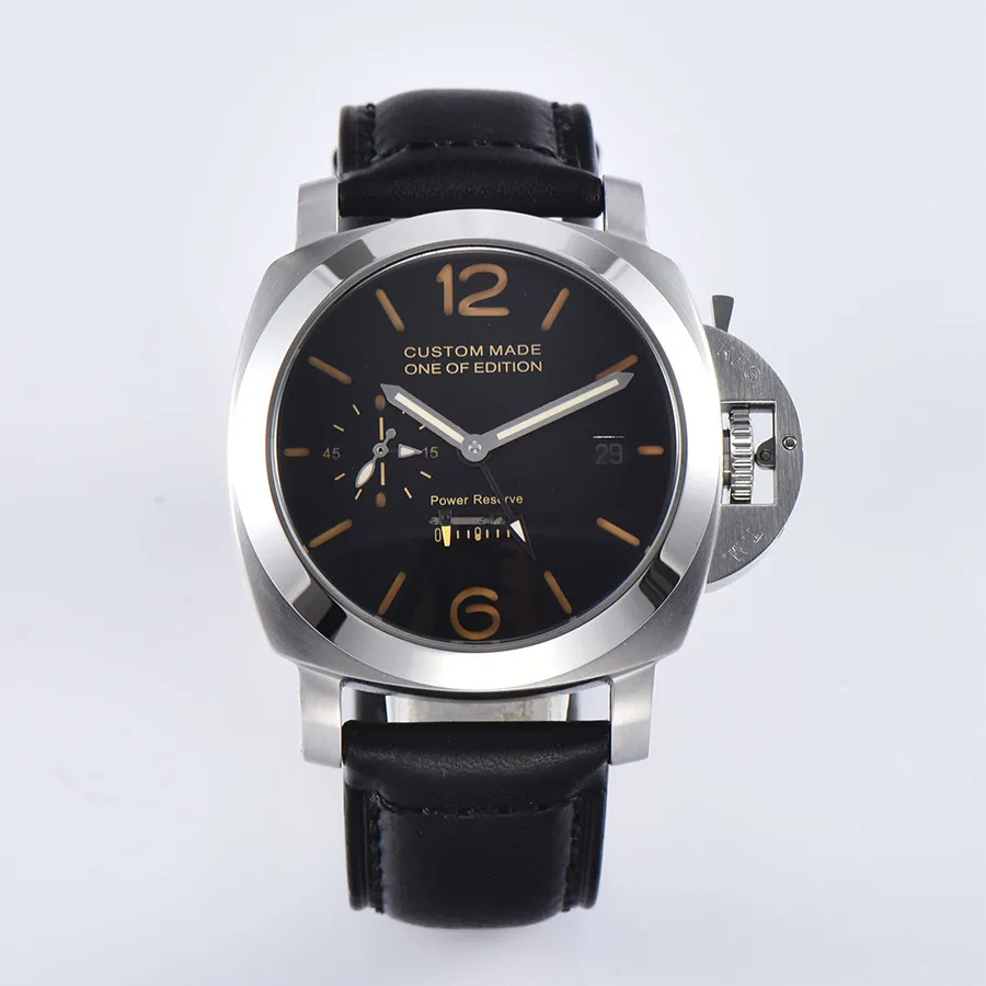 

44mm Watch Men Power reserve Automatic Mechanical GMT Leather Strap Case luminous Sports military watch men P-01