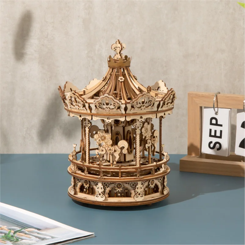 Rotatable 3D Wooden Puzzle Music Box Carousel