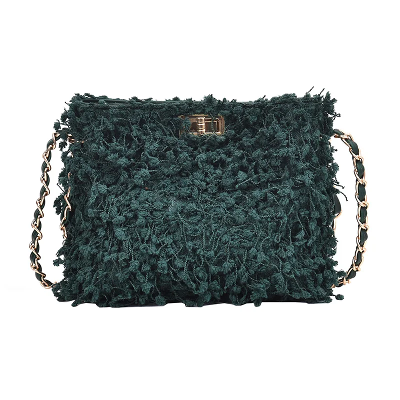 new fashion fur bag ladies Messenger small square bag winter warm solid color woolen handbag ladies metal chain bag - Цвет: Зеленый