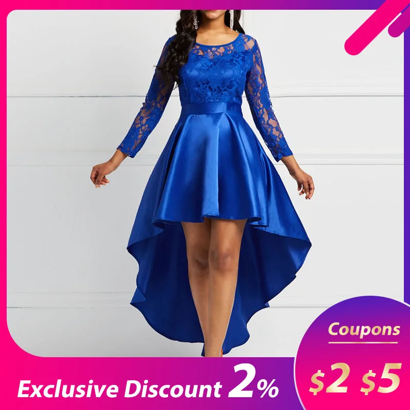 

Evening Party Date Asymmetric Satin Hollow Out Floral Lace Long Dress Women Spring Summer Royal Blue Burgundy Red Maxi Dresses