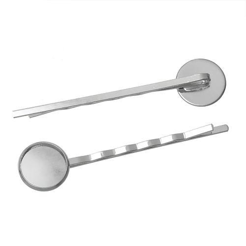 Based Alloy Hair Clips Findings Silver Color Round Ripple (Fits 8mm Dia.) 44mm x 1.5mm, 100 PCs