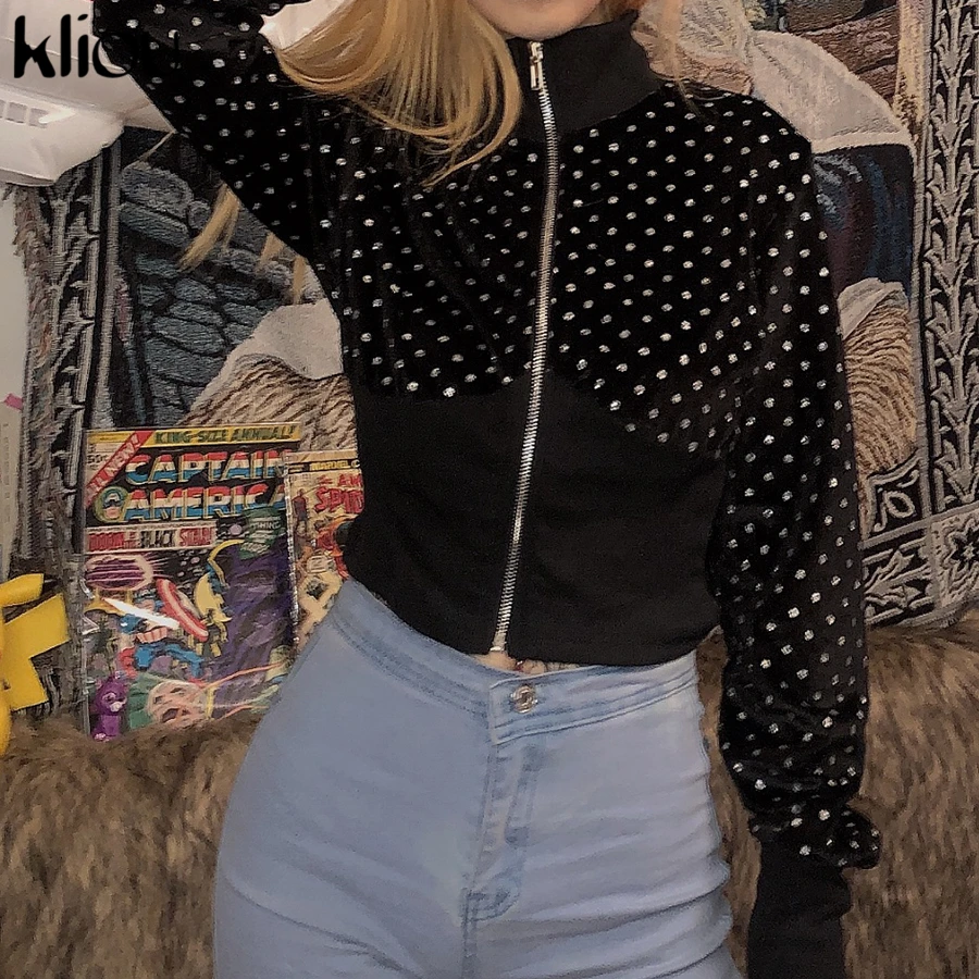 Kliou высококачественный черный элегантный Облегающий мягкий фланелевый кардиган на молнии укороченный топ Весенняя водолазка Повседневная Уличная Футболка Топ