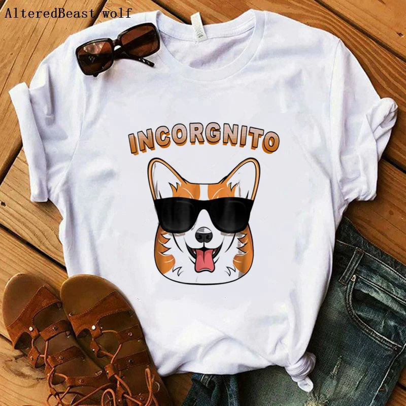 

Футболка Incorgnito, забавная женская футболка с принтом корги, собаки, любовника, кавайная футболка в стиле Харадзюку, футболка с буквенным принтом, женские модные топы
