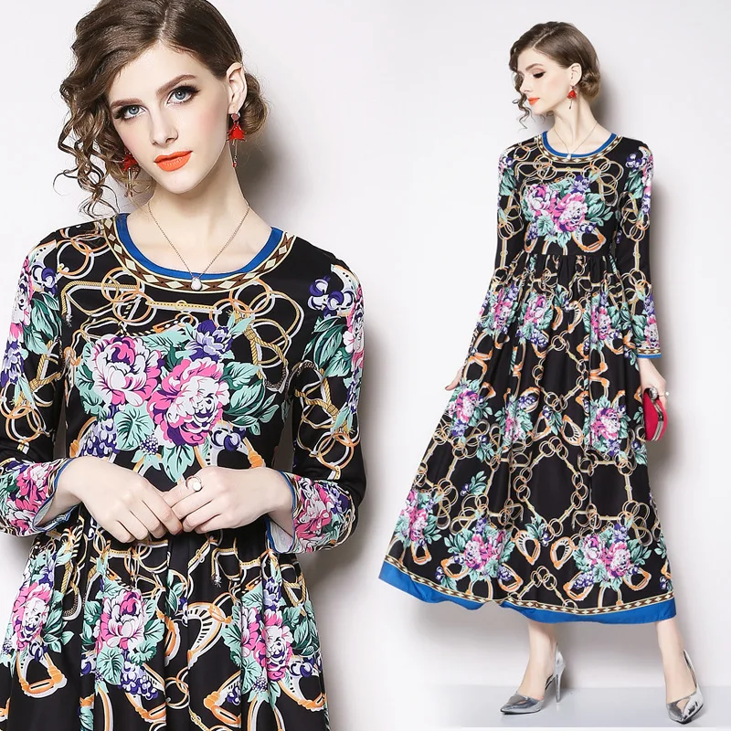 

Long Sleeve Big Skirt 2019 Early Spring WOMEN'S Dress Retro Abstract Mixed Colors Floral Print Floor-length Dress Dress Long Ski