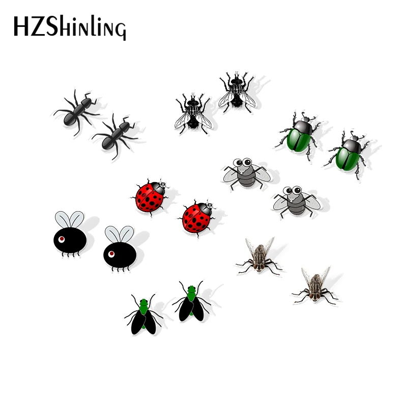 Новинка, акриловые сережки с черной мушкой, сережки с усадочными насекомыми, сережки из эпоксидной смолы, серебряные сережки-гвоздики