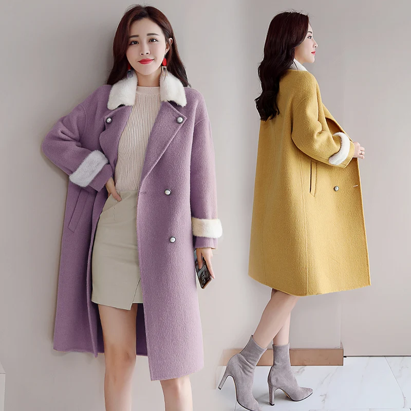 Осенне-зимнее Новое корейское двубортное шерстяное пальто для колледжа, женское Свободное длинное шерстяное пальто, Женское зимнее пальто, женское длинное пальто