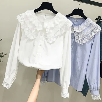 

Gifts Free Spring White Ruffles Slim Blouse Korean Women Tops Streetwear Shirts Elegant Chiffon Ladies Sleeve Shirt