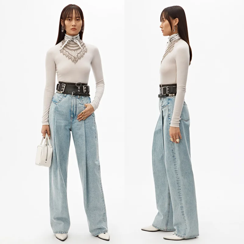 

2020 Spring Summer Women's Folding High Waist Cotton Loose Light Blue Jeans Wide Leg Pants A2