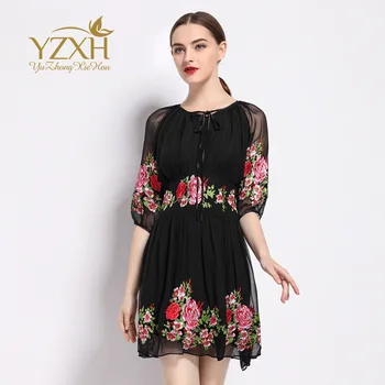 

2019 Commute Female Embroidery Round Neck Mesh Lace Dress