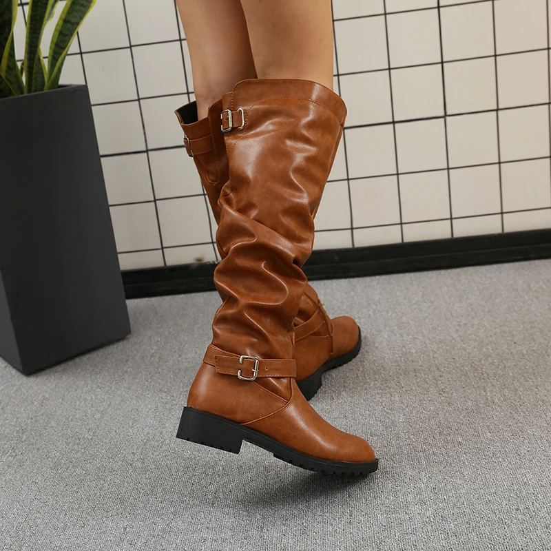 

Boots Female Thigh High Boots Leather Brown Booties Women Fashion Outdoor Boots Student Casual Middle Tube Boots Drop Shipping