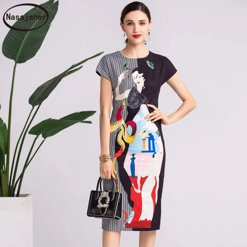 

New Women Summer Slim Midi Dress Fashion Runway Short Sleeve Beading Character Printed Back Zipper Collect Waist Vintage Dresses