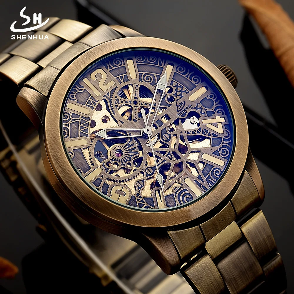 

Shenhua Europe And America Style Men Fashion Casual Bronze Retro Hollow out Machinery Automatic Machine Watch