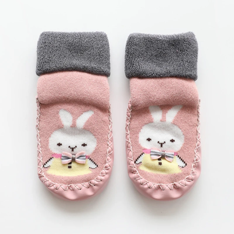 Pink Rabbit Носки для младенцев нескользящие носки для малышей носки для новорожденных махровые утепленные детские носки-тапочки Нескользящая кожаная обувь для малышей - Цвет: Pink Rabbit