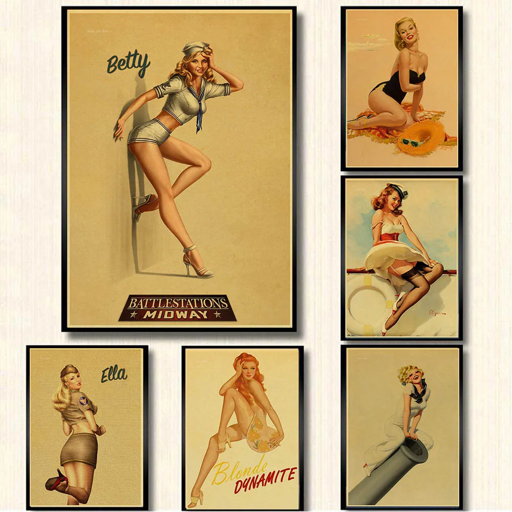 Classic Vintage World War II Sexy Up Girl Poster Military Bar Cafe Home Decor Painting Retro Kraft wallpaper Wall Sticker