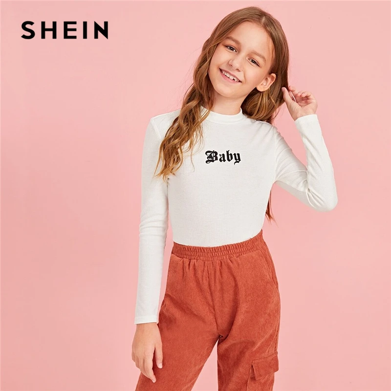 SHEIN Kids/белая Повседневная футболка с вышивкой и стоячим воротником; детский топ; осень г.; классические футболки с длинными рукавами для подростков