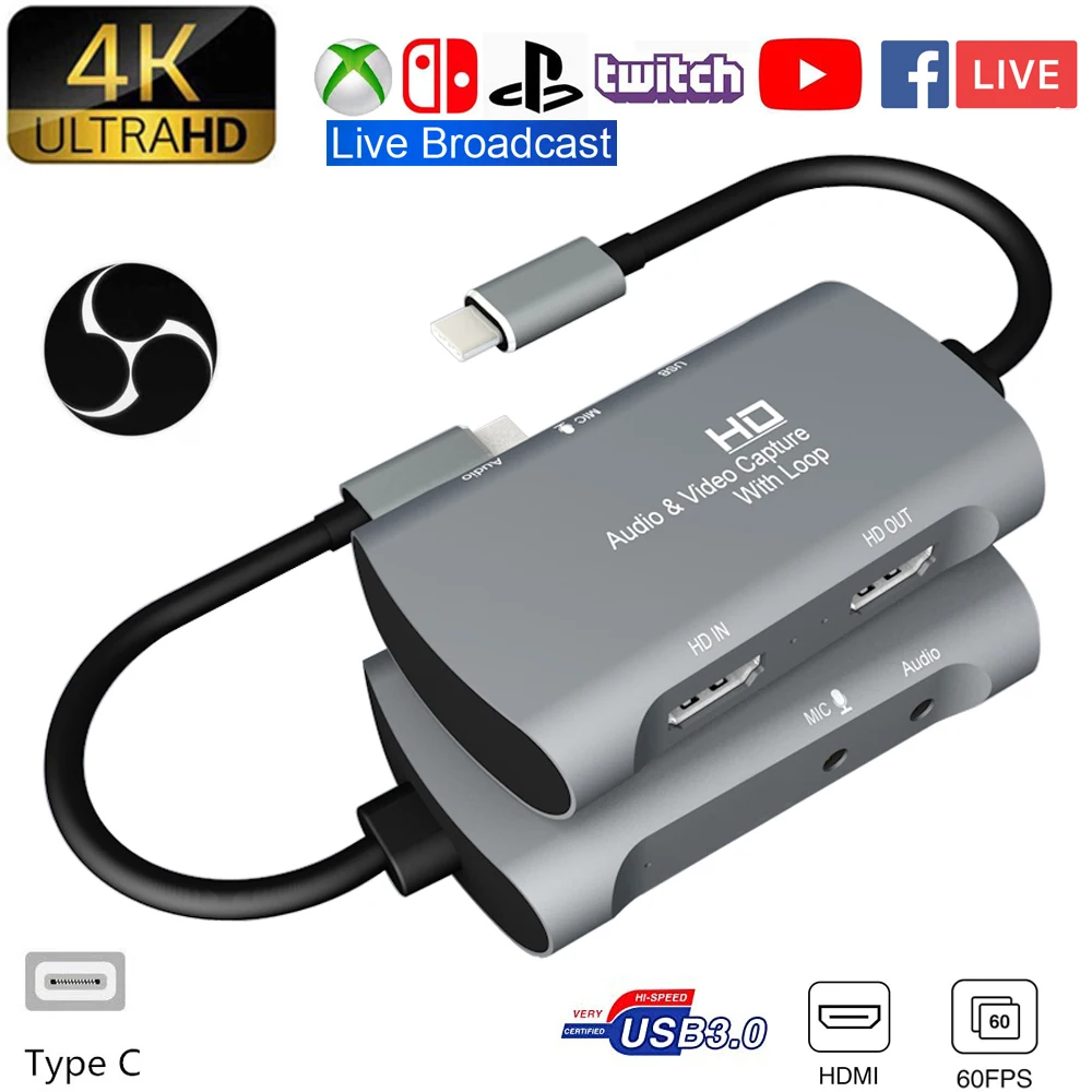 

Type-C Dual HDMI Video Capture Card 4K 1080P 60FPS USB3.0PS4 XBOX Switch Game Audio Video Live Streaming to Macbook Laptop PC
