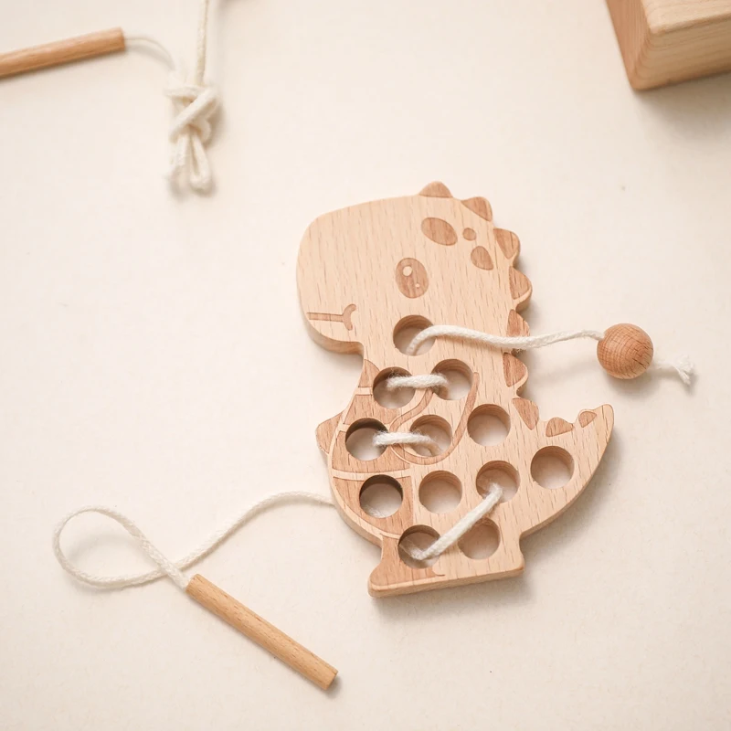1Set Wooden Dinosaur Threading Board Toys Wood Blocks Fingers Flexible Training Montessori Fine Motor Skills Educational Gift