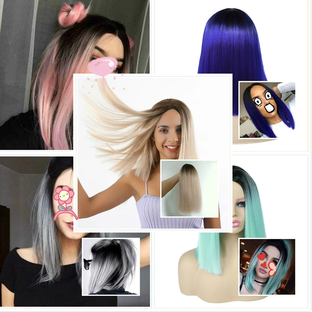 FAVE парик парики женские короткие прямые Ombre Боб черный пепельный Лен коричневый розовый синтетические парики для черных женщин 12 дюймов средняя часть Glueless Косплей парики