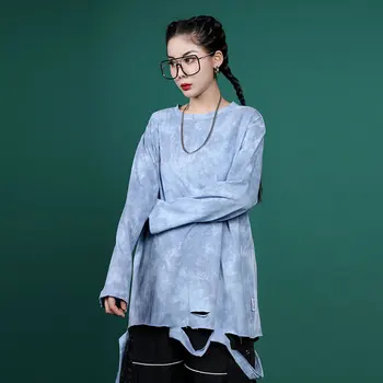 

Korea Tie-dye Hole Long Sleeve T Shirt Women Loose Plus Size Tee Hip Hop Women Clothes Fashion Tshirt Trend Tops Women XJ3553