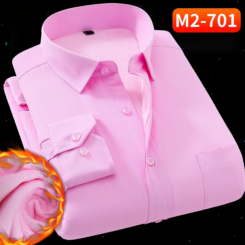 Pink Рубашки мужские теплые зимние горячие продажи плюс бархатная рубашка мужские деловые рубашки корейский Тонкий сплошной цвет Большие размеры 8XL 7XL 6XL - Цвет: Pink