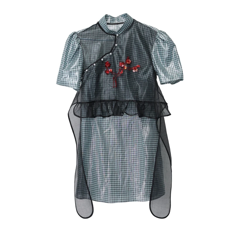 TVVOVVIN/Новинка года; сезон весна-лето; платье с короткими рукавами и круглым вырезом; Сетчатое платье с жемчужинами и цветами; платье в клетку с разрезом; женская модная одежда; D117 - Цвет: Green