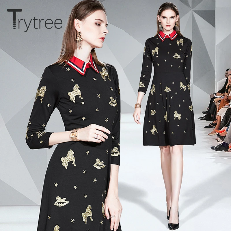 Trytree осеннее зимнее повседневное женское платье с отложным воротником А-силуэта с высокой талией модное черное платье с вышивкой для офисных леди