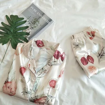 

QWEEK Pyjama Femme Satin Silk Pajamas for Women Print Set Female Pijama Home Suit Sleepwear 2020 Shorts and Top