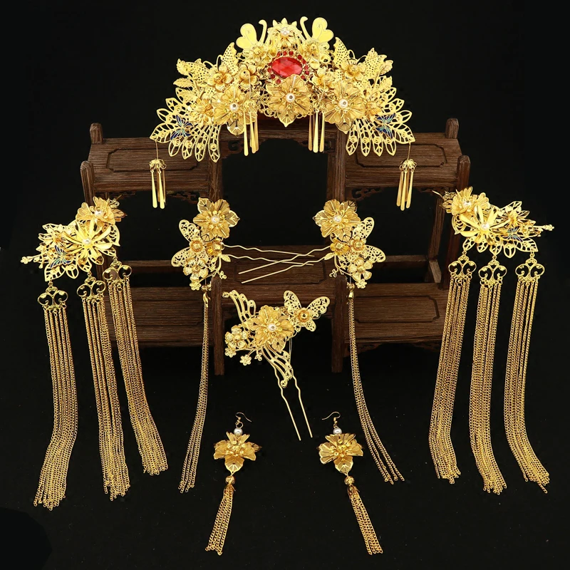HIMSTORY Elegance Chinese Vintage Wedding Bridal Hair Accessory Traditional Gold Color Flower Bride Hair Combs Tiaras Hairwear - Окраска металла: red