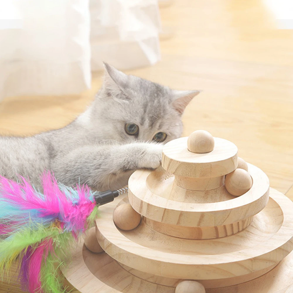 Pet Interactive Cat Toys Two Three Layers Wooden Turntable Smart Track Matching Color Ball Bell Rocking Further Toy | Дом и сад