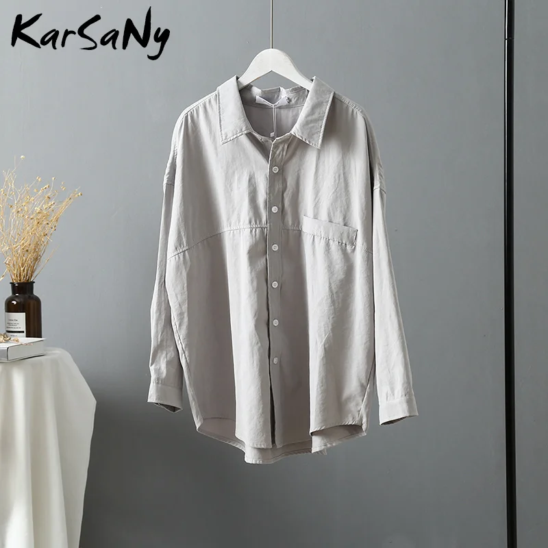 KarSaNy/белая блузка с длинным рукавом; Женская рабочая одежда; свободная белая рубашка с воротником; женская элегантная повседневная Свободная рубашка; Blusas; сезон осень - Цвет: Gray